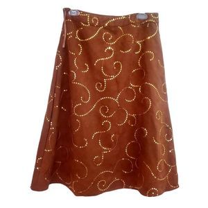 Vintage Carole Little Scrollwork A-Line Skirt, Brown w/gold design, size 6